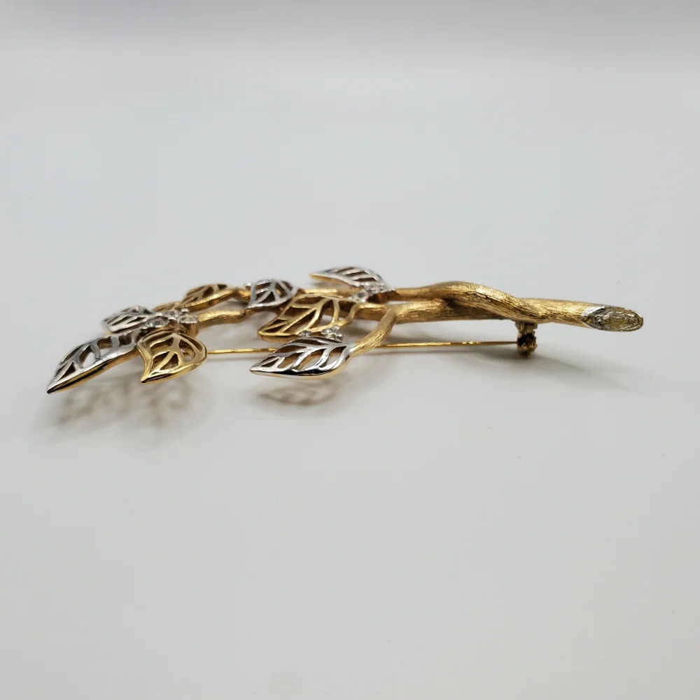 MCM Grossé Brooch Pin. Marked. Gold And Silver Tone Leaves. Rhinestones. Vintage